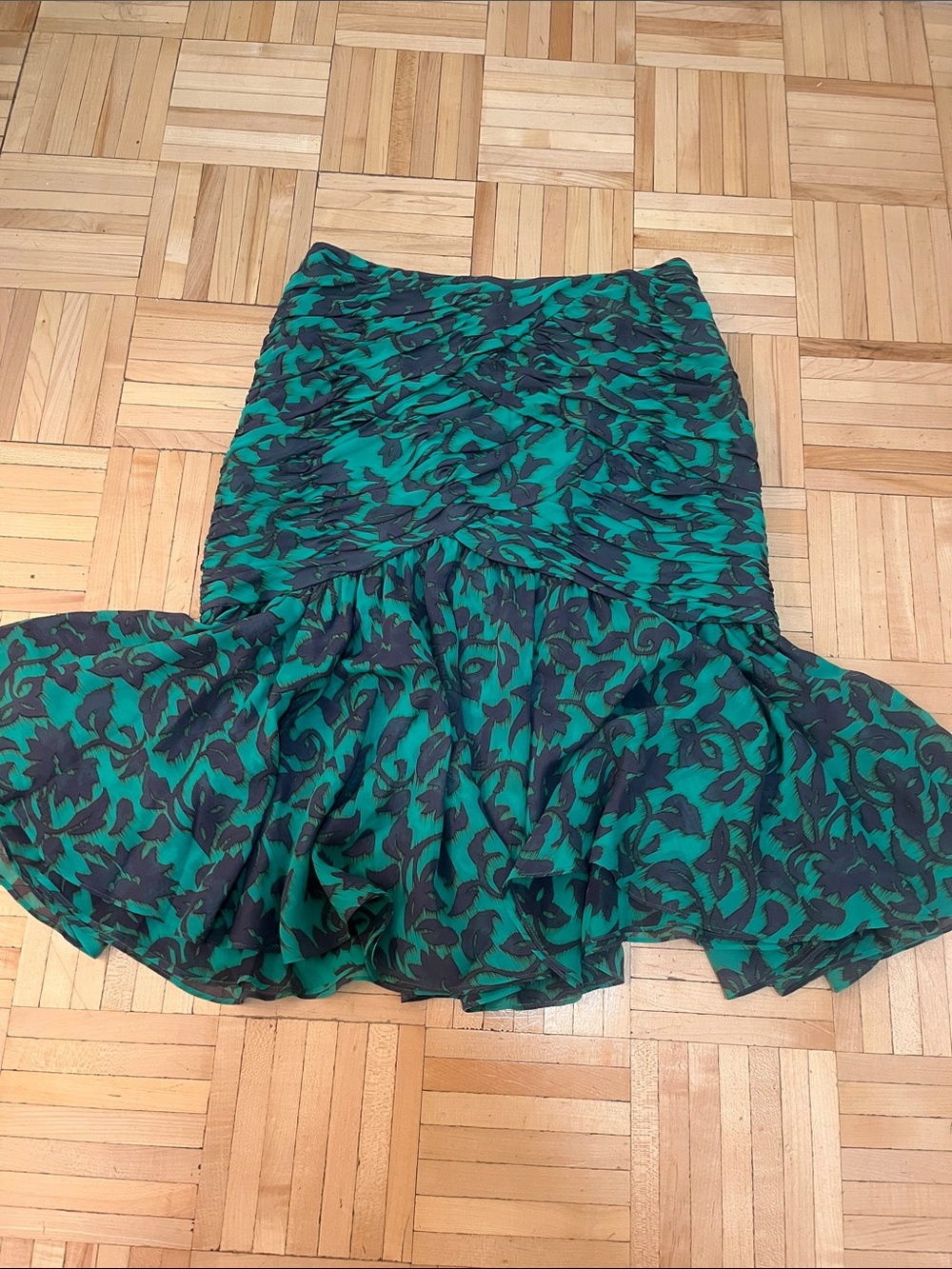Escada Green and Blue Floral Ruffle-Hem Skirt